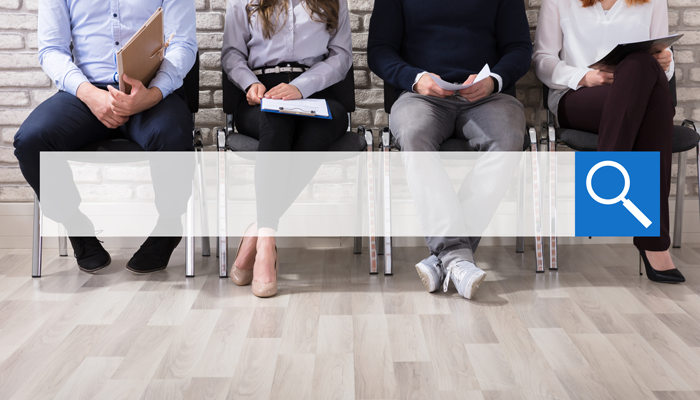 4 sitting professionals sitting in a row with a search bar overtop