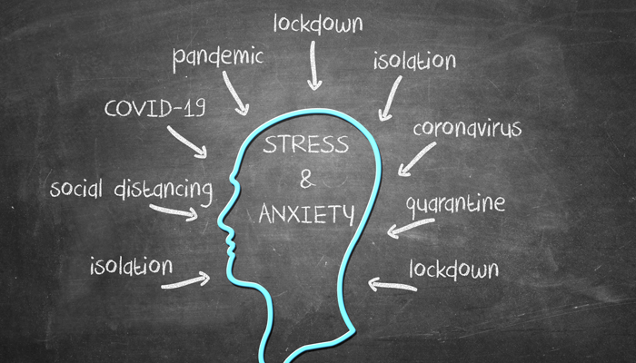 image of a drawn out face on chalkboard with the words stress & anxiety inside of it and the words isolation,, social distancing, covid19, pandemic, lockdown, coronavirus, quarantine around the head with arrows pointing to the head