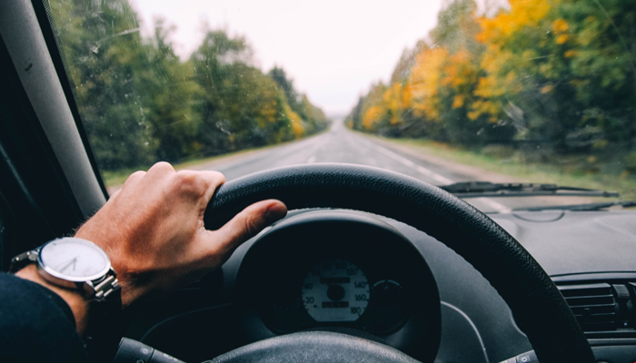 image of male left hand with wristwatch on the steering wheel of a car driving on a road with trees on both sides indicating the need for driver's abstracts