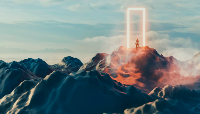 image of volcanic looking mountains with a small man entering a red door portal