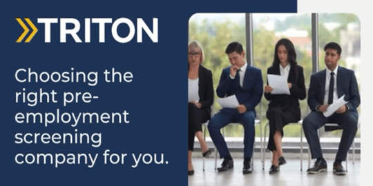 group of well dressed professionals sitting on chairs holding papers with the triton logo on one side and the words choosing the right pre-employment screening company for you underneath