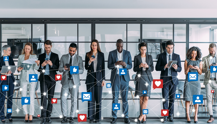 line up of professionals with digital social icons floating around completing a social media screening for employment
