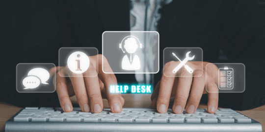 Digital employment screening help desk with icons over a keyboard