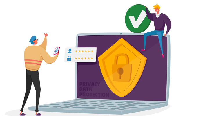 animated laptop with lock on screen with 2 characters, one sitting on top of laptop other standing in front with star ratings indicating good credit checks