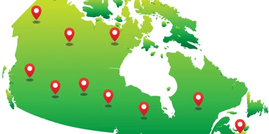 An image of a map of Canada with PINS reflecting Triton criminal background checks by province.