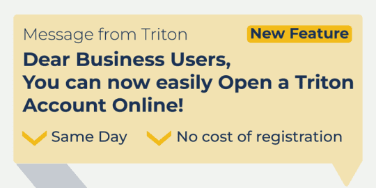 A graphic highlighting the benefits of online account registration at Triton Canada: *same day *no cost registration *all online.